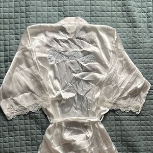 White satin “Bride” robe with lace detail